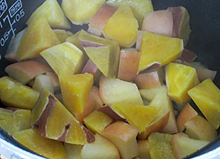 いもは、安納芋。りんごはふじ。水100ccのみを入れて炊きます。おいしいおやつの出来上がり
