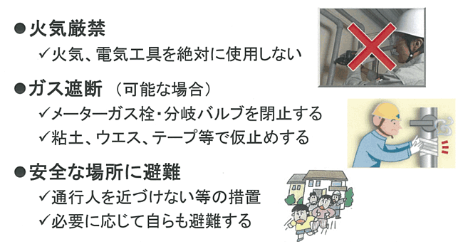 火気厳禁・ガス遮断・安全な場所に避難