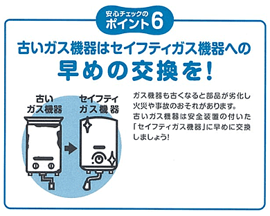 古いガス機器はセイフティガス機器への早めの交換を！