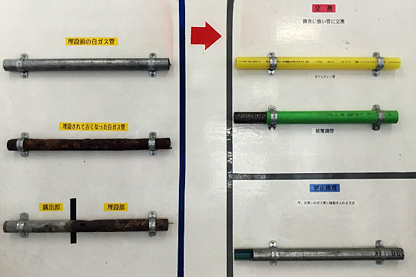 腐食したガス管とポリエチレン管の写真